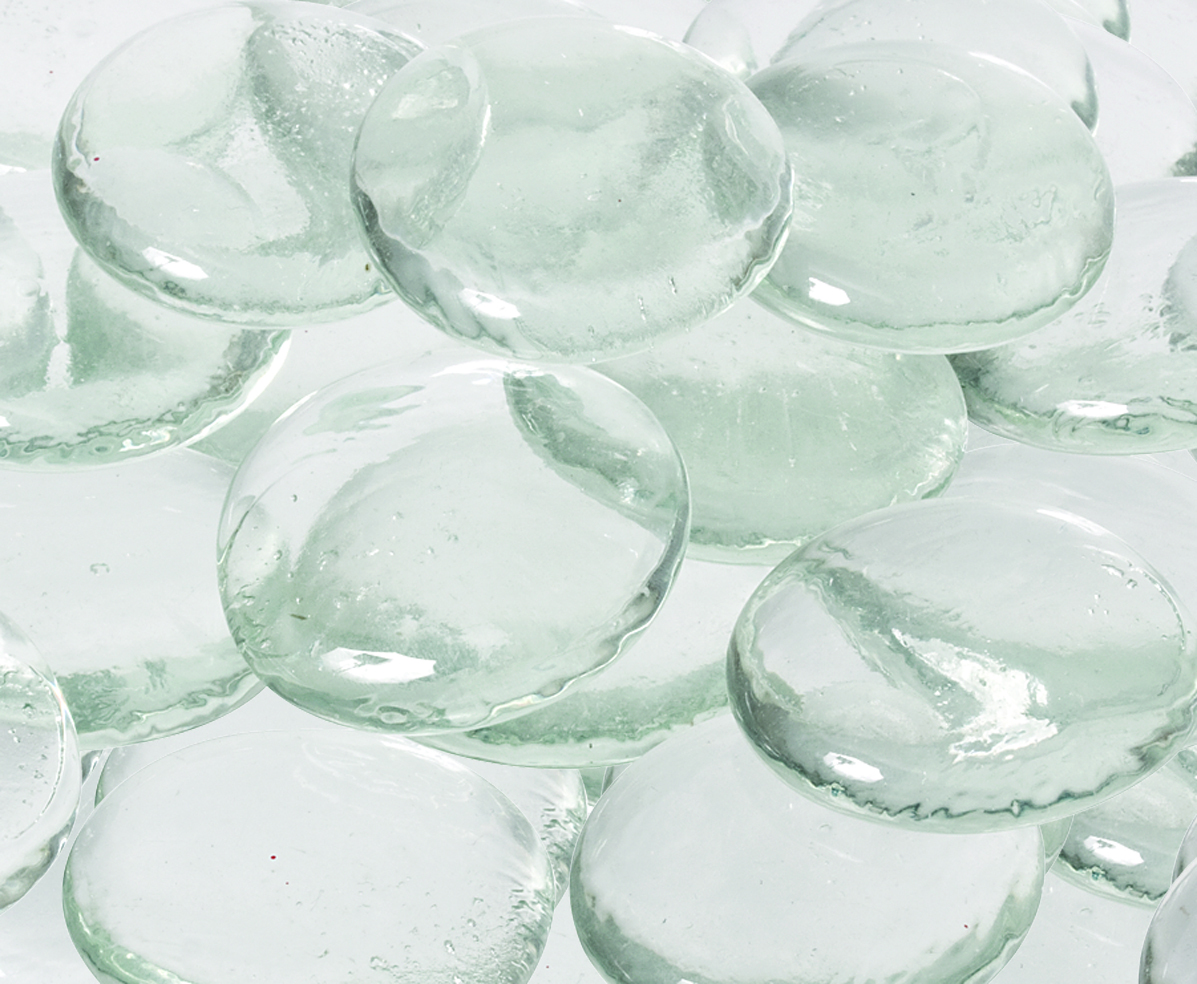 Large transparent glass stones with a flat base for good adhesion. For  mosaics or attach to artwork.